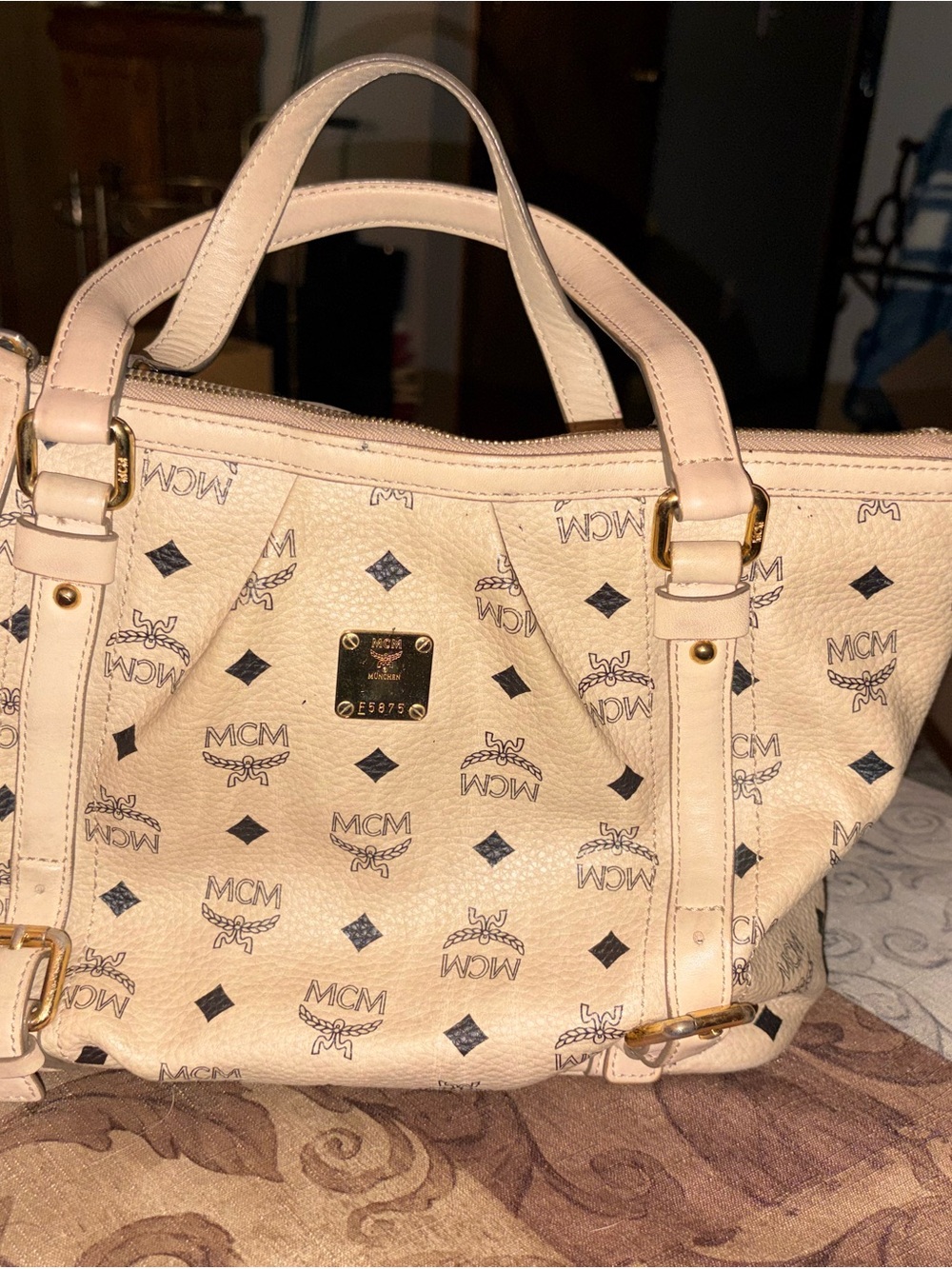 MCM Cream Logo Satchel with Gold Hardware. - Excellent Condition